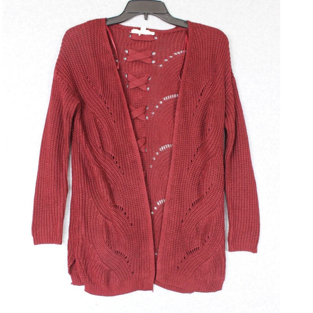 Pink Republic‎ Burgundy Red Knit Criss Cross Back Open Cardigan Sweater XS